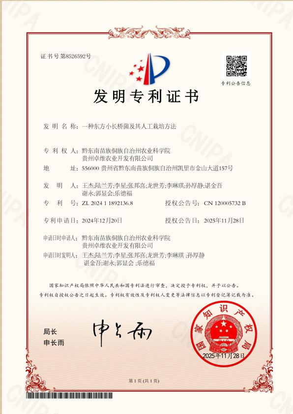 喜报!我院驯化的野生珍稀菌株及其人工栽培方法专利获得授权